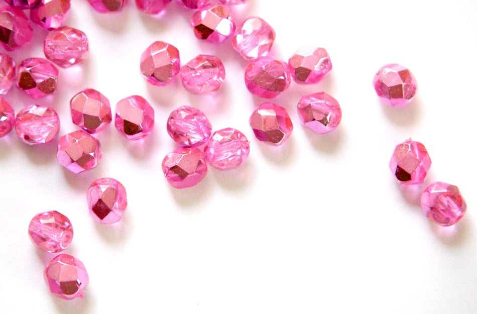 6mm Half Hot Pink / Crystal Czech Firepolish Faceted Glass Beads (25)
