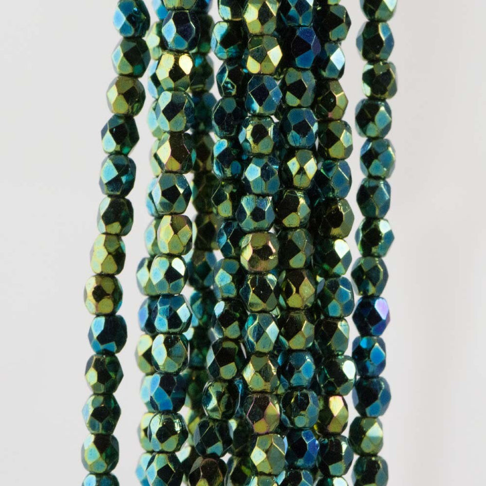 3mm Iris Green Czech Faceted Firepolish Glass Beads (50)