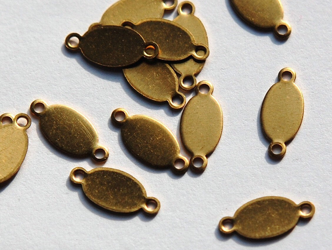 2 Loop Raw Brass Oval Blank Tag Connector Charms 13mm x 6mm (16) mtl320B