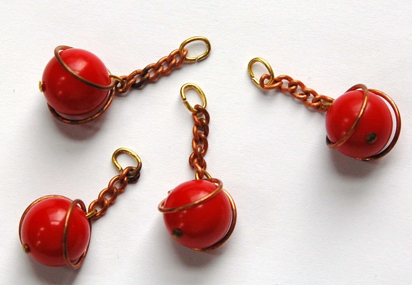 Vintage Red Acrylic Copper Wrapped Bead Drops with Chain Japan chr146B