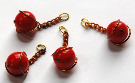 Vintage Red Acrylic Copper Wrapped Bead Drops with Chain Japan chr146B