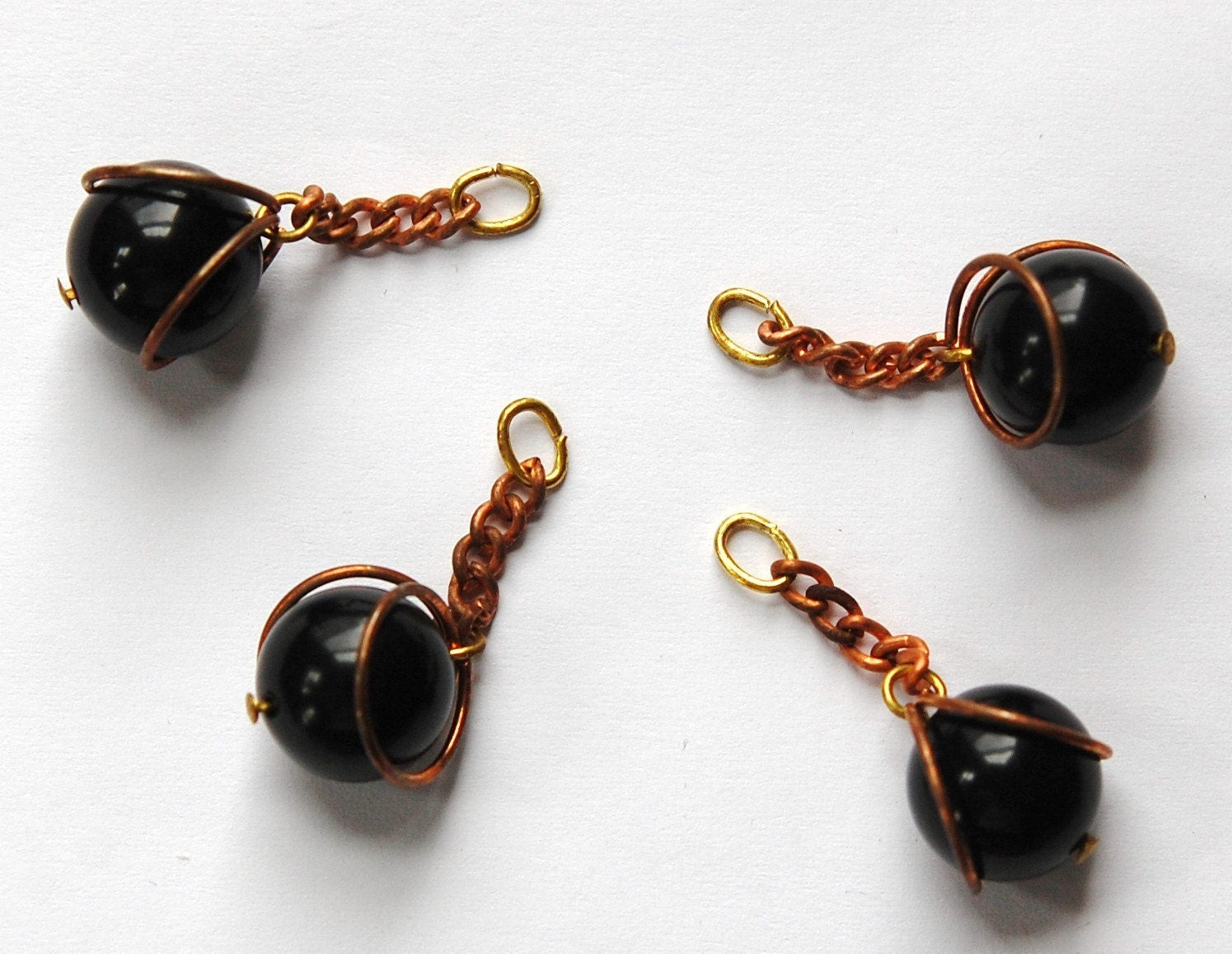 Vintage Black Acrylic Copper Wrapped Bead Drops with Chain Japan chr146C
