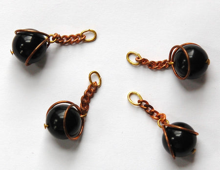Vintage Black Acrylic Copper Wrapped Bead Drops with Chain Japan chr146C
