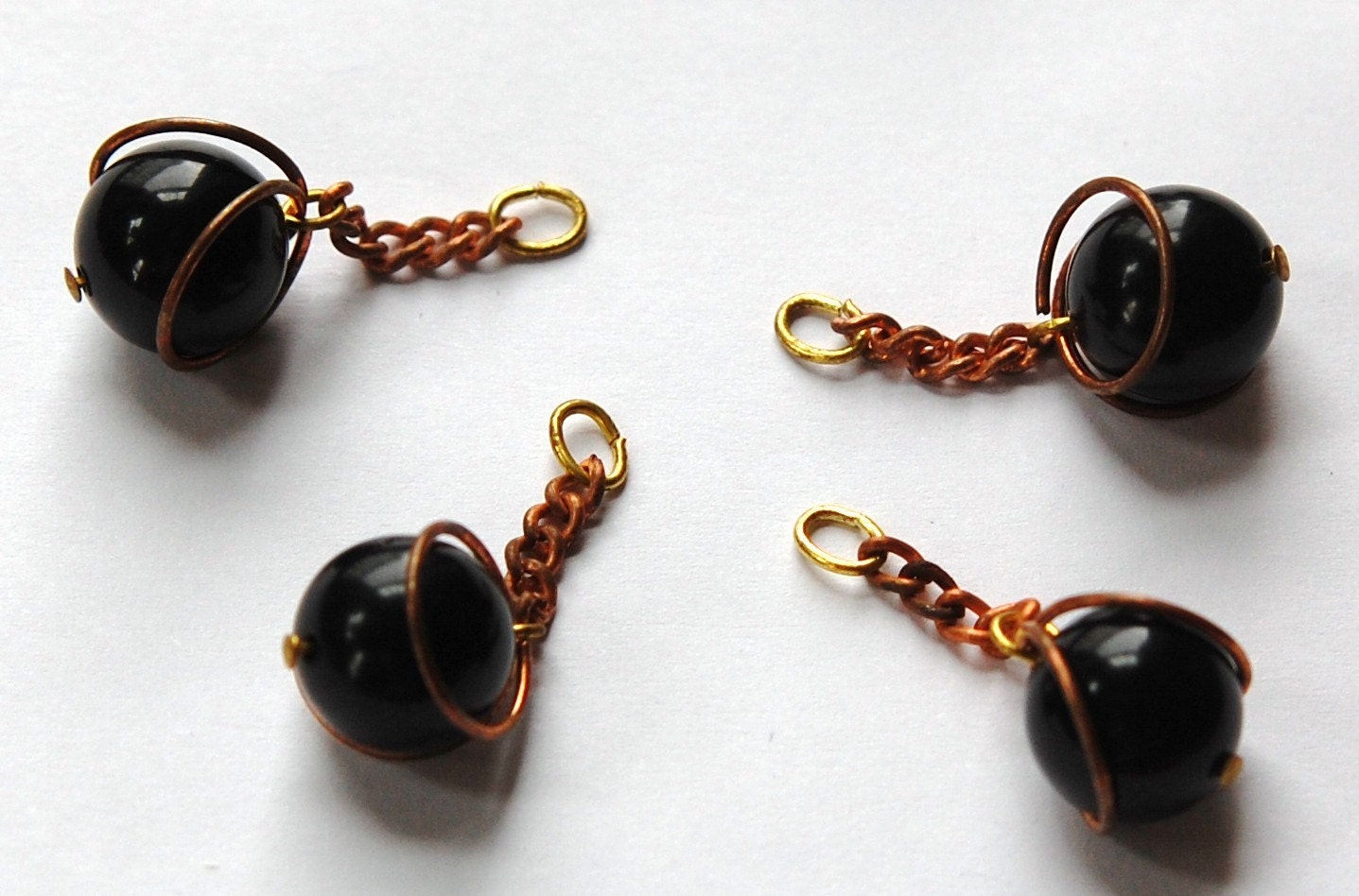 Vintage Black Acrylic Copper Wrapped Bead Drops with Chain Japan chr146C