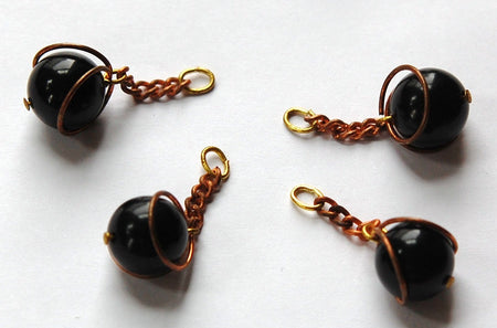 Vintage Black Acrylic Copper Wrapped Bead Drops with Chain Japan chr146C