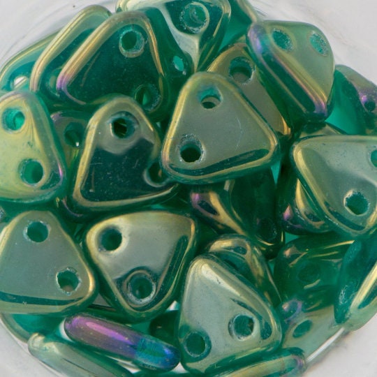 6mm Luster Iris Atlantic Green CzechMates Triangle 2 Hole Glass Beads (50)