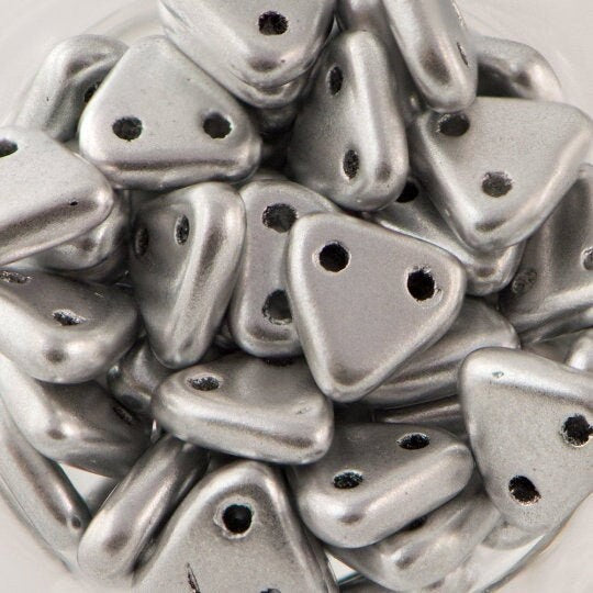 6mm Matte Metallic Silver CzechMates Triangle 2 Hole Glass Beads (50)
