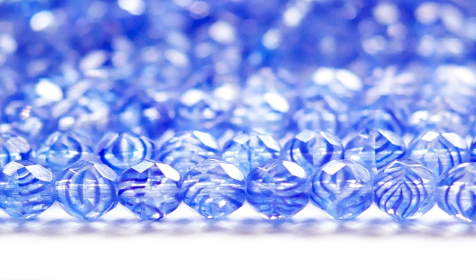 8mm Navy Blue Striped Czech Firepolish Faceted Glass Beads (20)