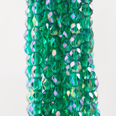 Czech Faceted Luster Iris Emerald Firepolish Glass Beads 4mm (50)