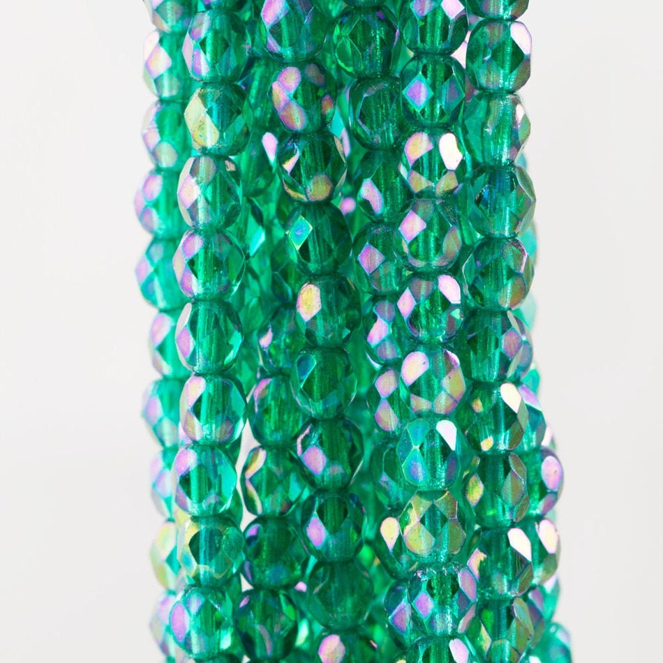 Czech Faceted Luster Iris Emerald Firepolish Glass Beads 4mm (50)