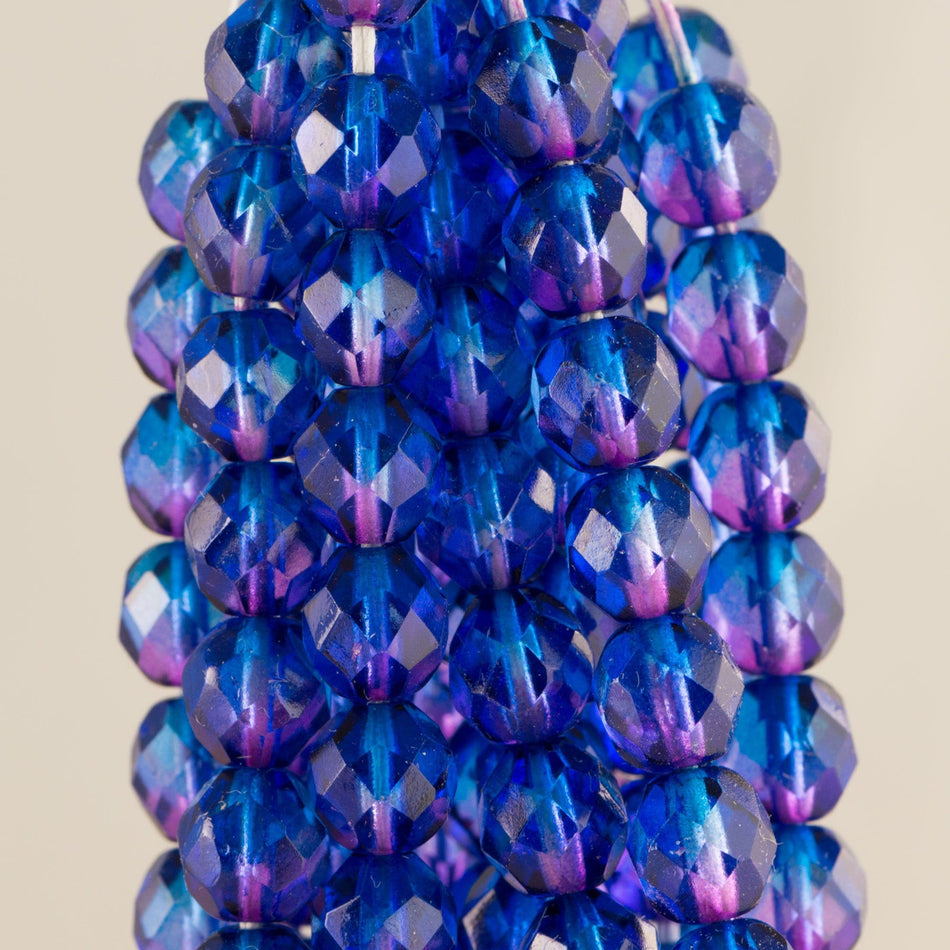 8mm Sapphire/Fuchsia Czech Firepolish Faceted Glass Beads (25)