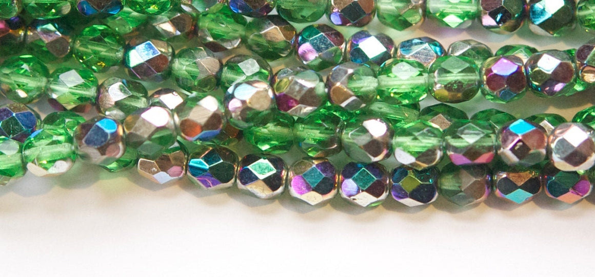 6mm Green with Vitrail Finish Czech Firepolish Faceted Glass Beads (30) czh014