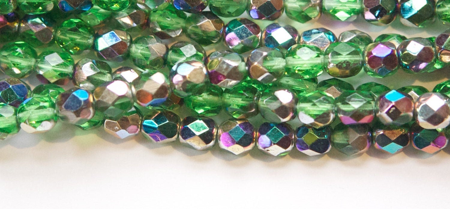 6mm Green with Vitrail Finish Czech Firepolish Faceted Glass Beads (30) czh014