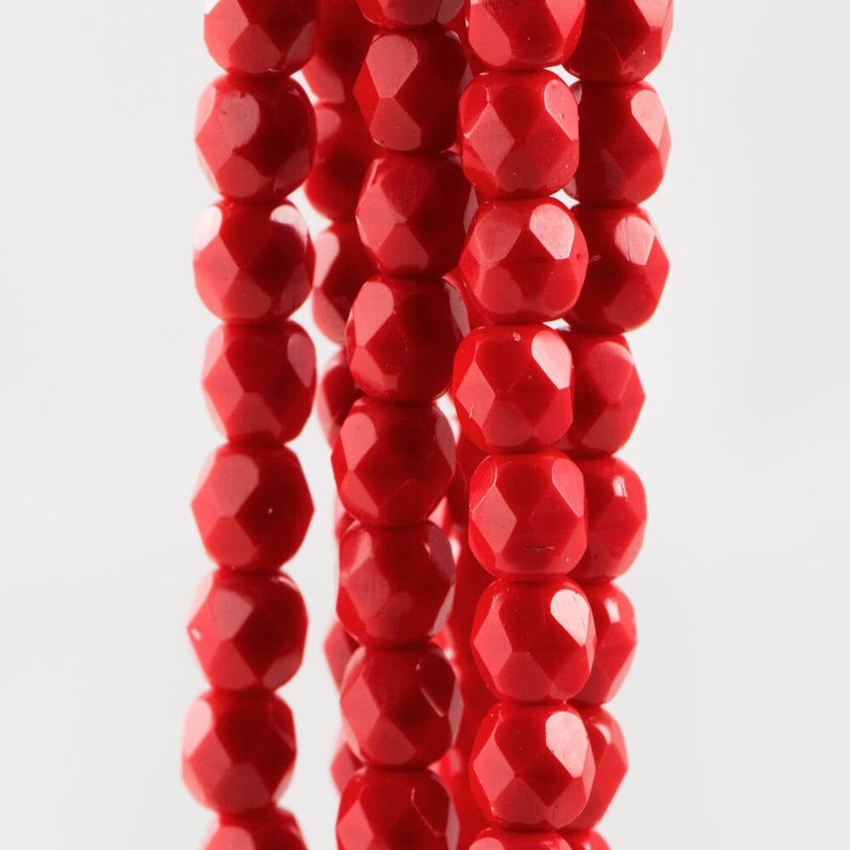4mm Opaque Red Czech Firepolish Faceted Glass Beads (50)