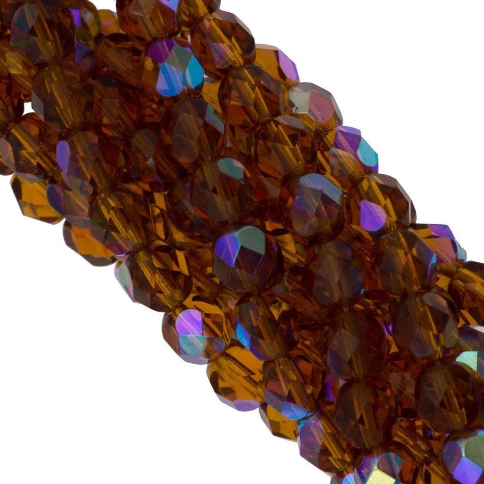 6mm Dark Topaz AB Czech Faceted Firepolish Glass Beads (25)