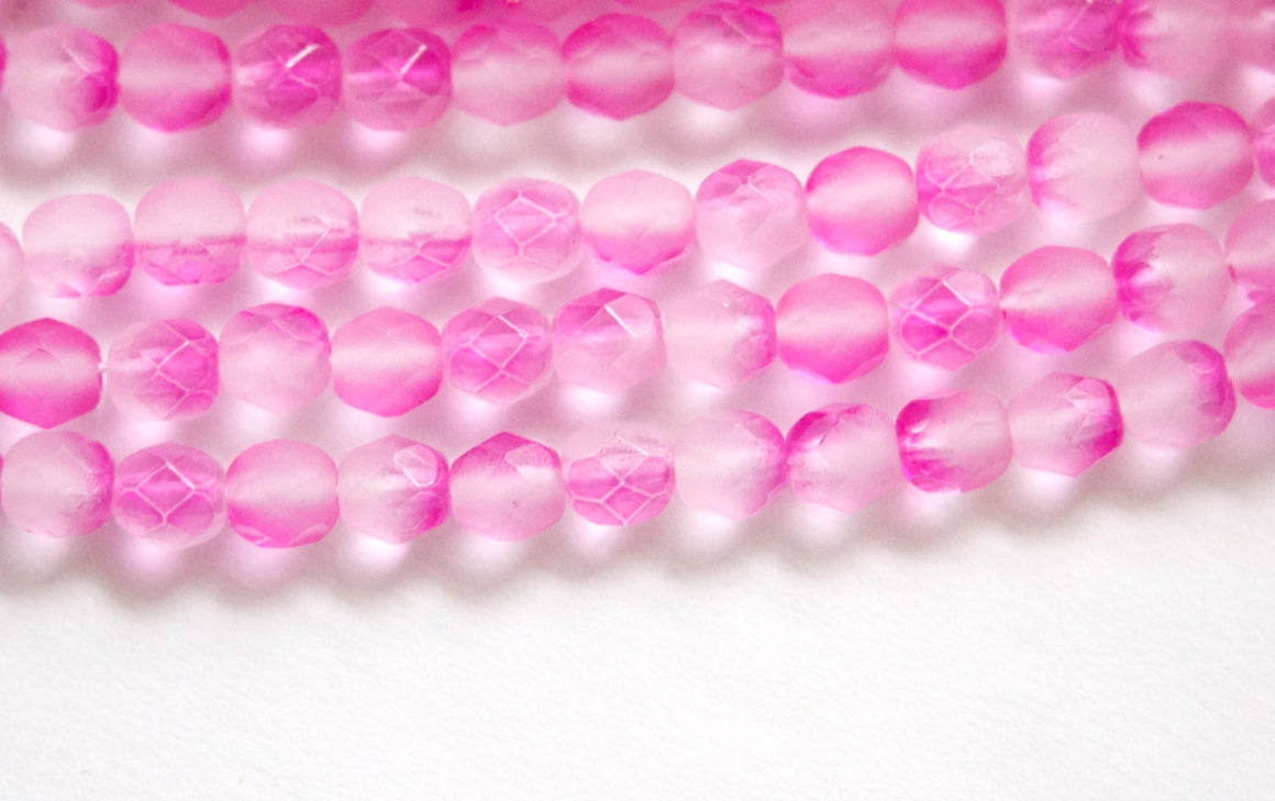 6mm Half Matte Pink / Crystal Czech Firepolish Faceted Glass Beads (25)