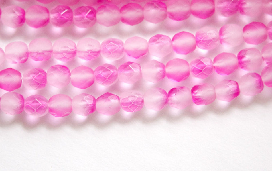 6mm Half Matte Pink / Crystal Czech Firepolish Faceted Glass Beads (25)