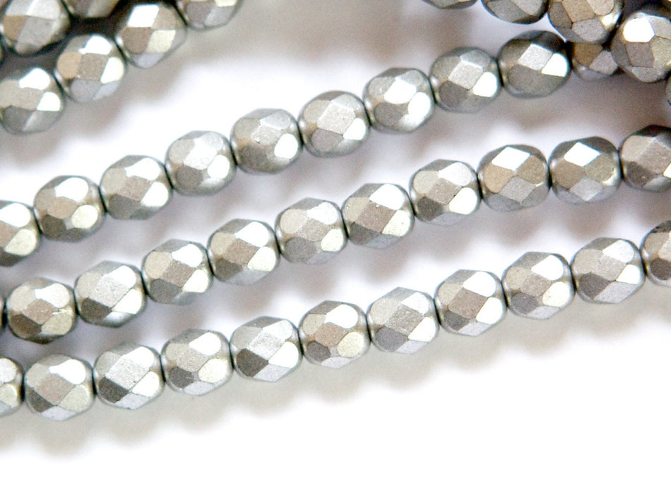 6mm Matte Silver Czech Firepolish Faceted Glass Beads (25)