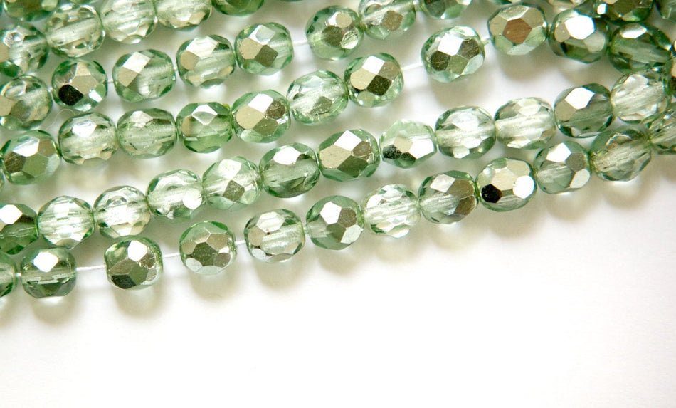 6mm Half Light Green / Crystal Czech Firepolish Faceted Glass Beads (25)