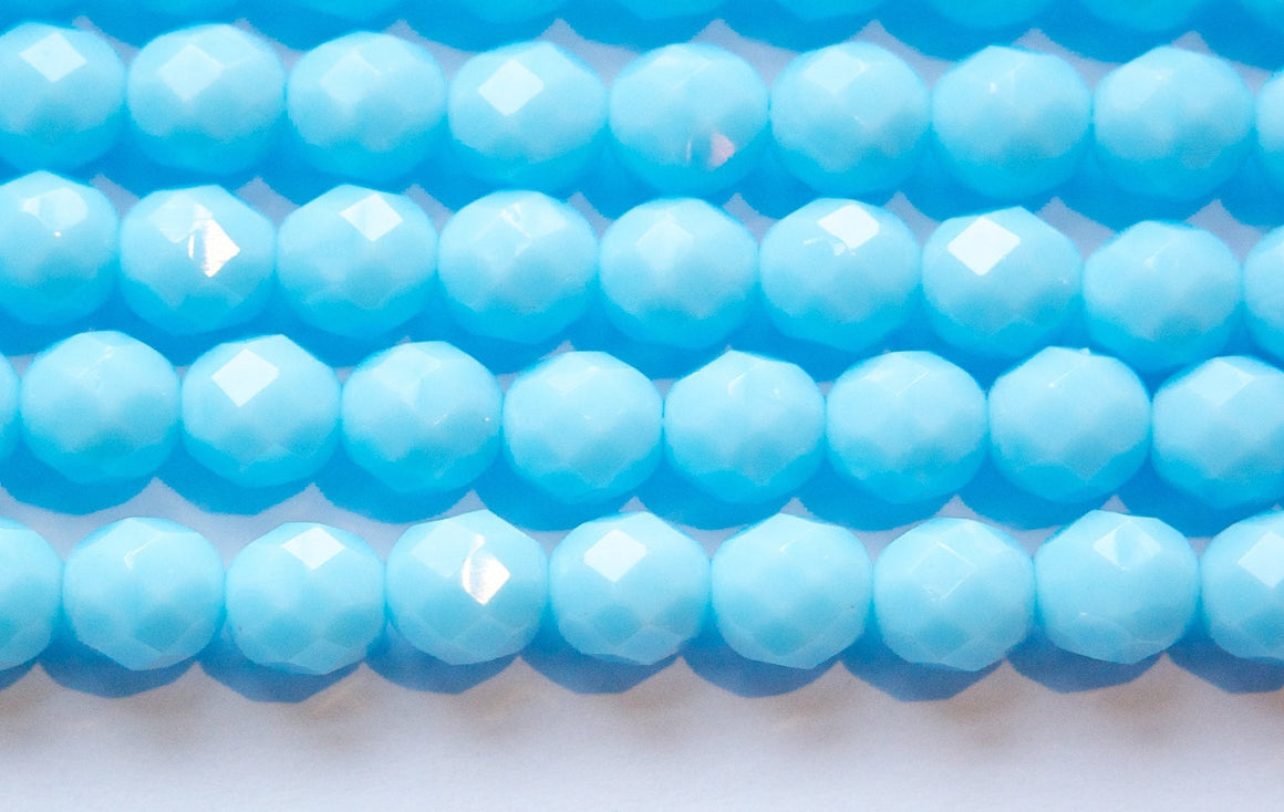 8mm Light Blue Turquoise Czech Firepolish Faceted Glass Beads (25)