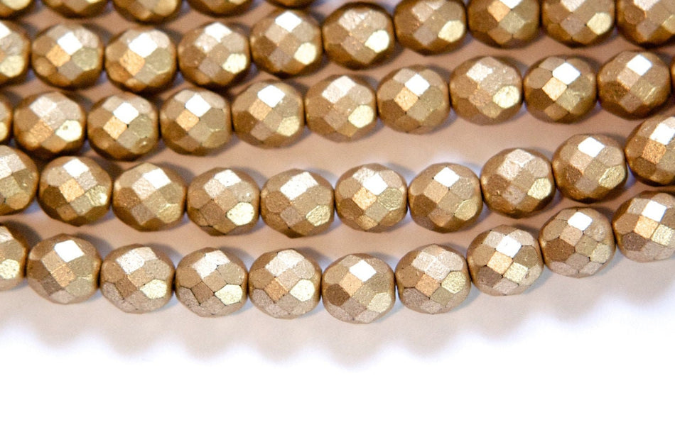 8mm Opaque Matte Gold Czech Firepolish Faceted Glass Beads (25)