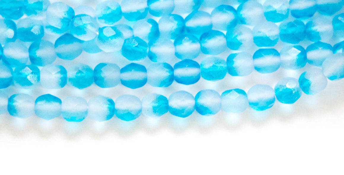6mm Half Matte Aqua / Crystal Czech Firepolish Faceted Glass Beads (25)