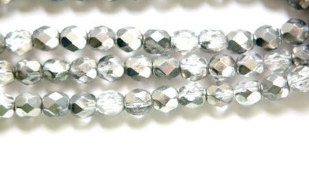 6mm Half Silver / Crystal Czech Firepolish Faceted Glass Beads (25)