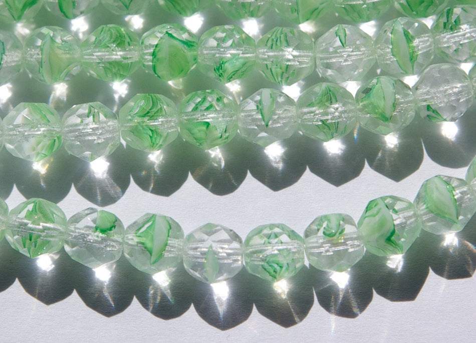 8mm Green Porphyr Czech Firepolish Faceted Glass Beads (25)