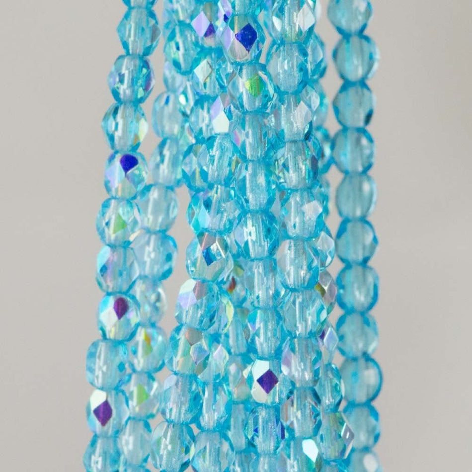 Firepolish Czech Faceted AB Aquamarine Glass Beads 3mm (50)