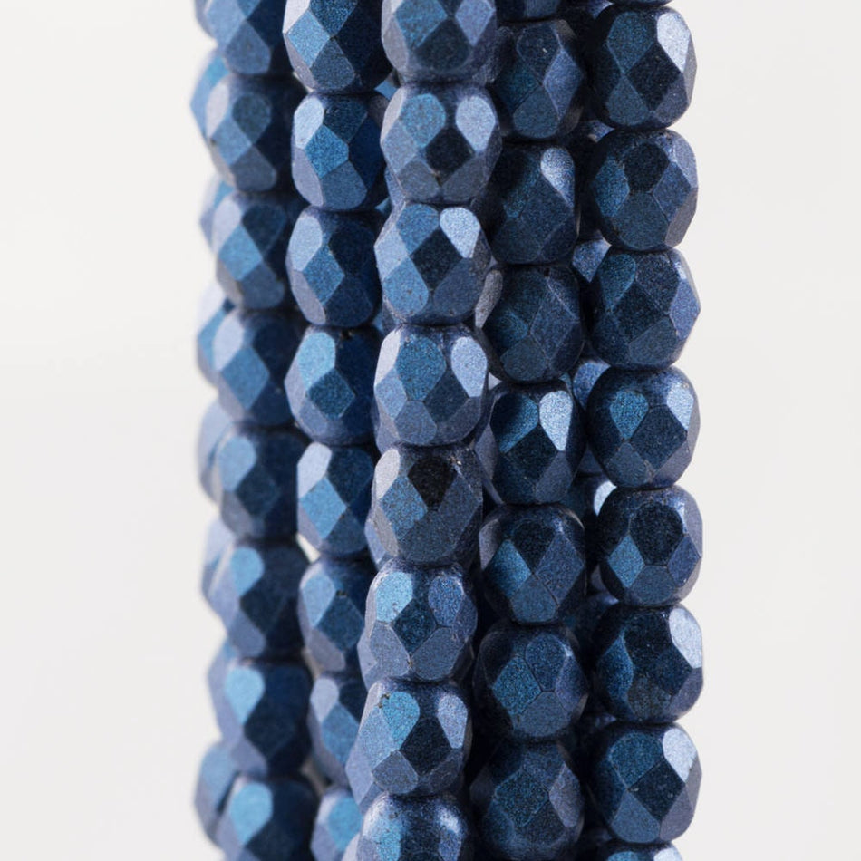 4mm Metallic Suede Blue Czech Firepolish Faceted Glass Beads (50)