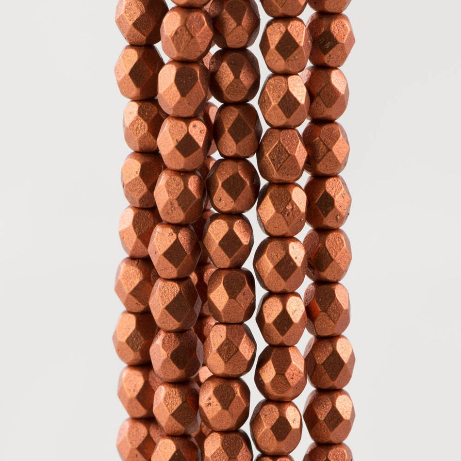4mm Matte Metallic Antique Copper Czech Firepolish Faceted Glass Beads (50)