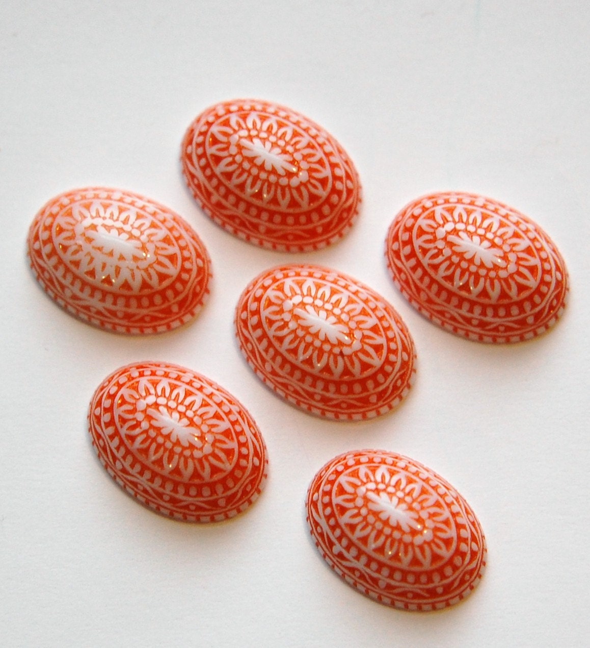 Vintage Etched Mosaic Orange and White Cabochons 18x13mm (6) cab714B