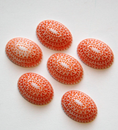 Vintage Etched Mosaic Orange and White Cabochons 18x13mm (6) cab714B