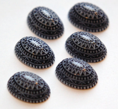 Vintage Etched Mosaic Navy Blue and White Cabochons 18x13mm (6) cab714D