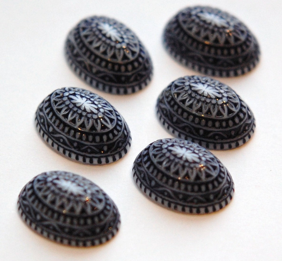 Vintage Etched Mosaic Navy Blue and White Cabochons 18x13mm (6) cab714D