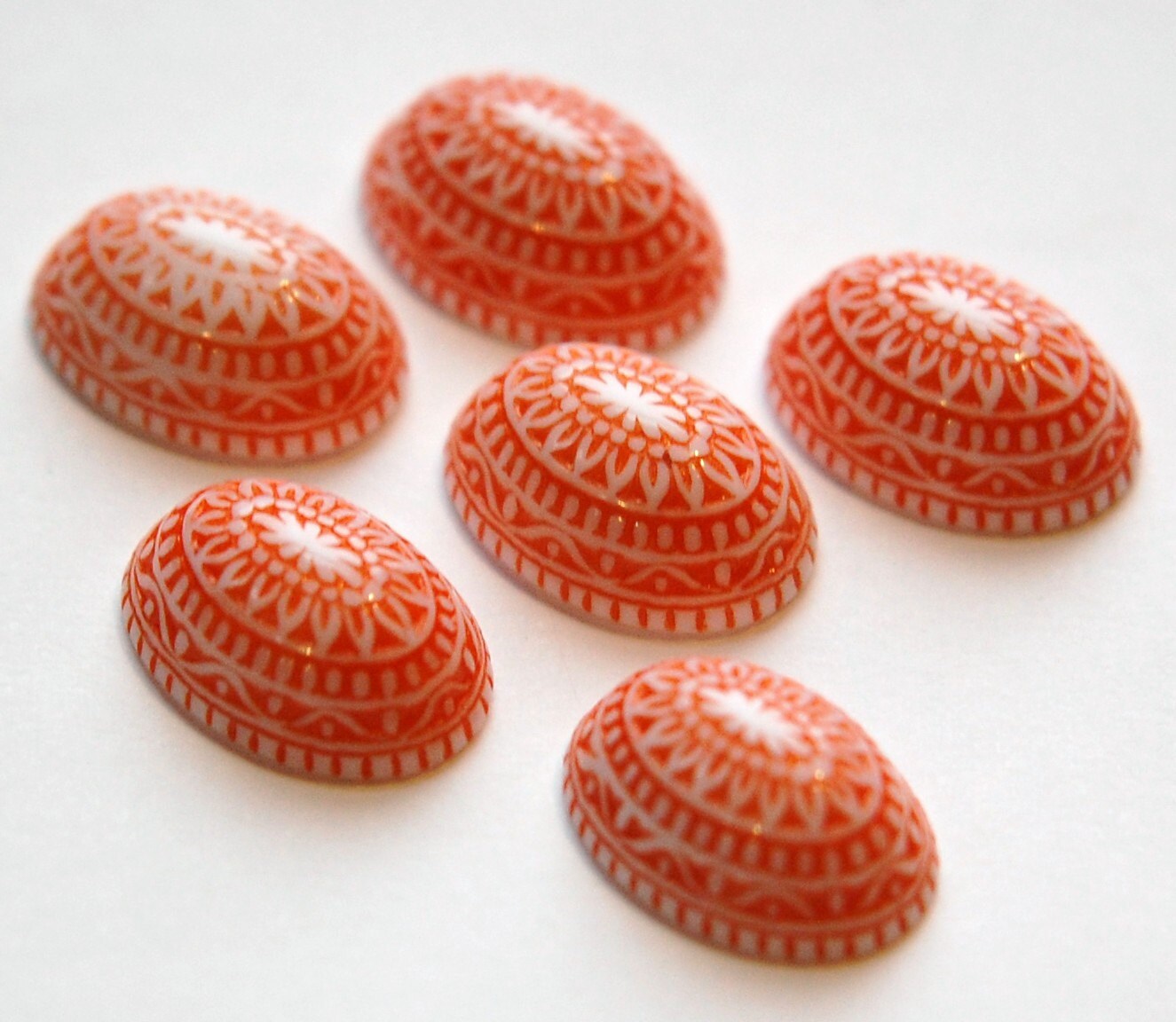 Vintage Etched Mosaic Orange and White Cabochons 18x13mm (6) cab714B