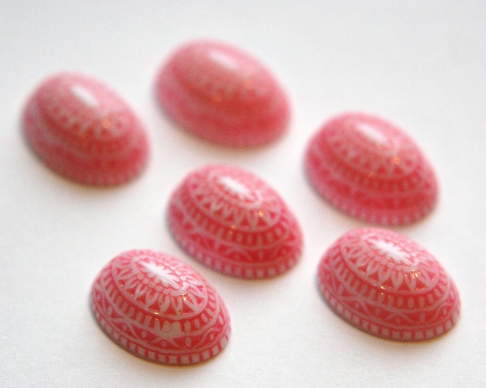 Vintage Etched Mosaic Pink and White Cabochons 18x13mm (6) cab714E