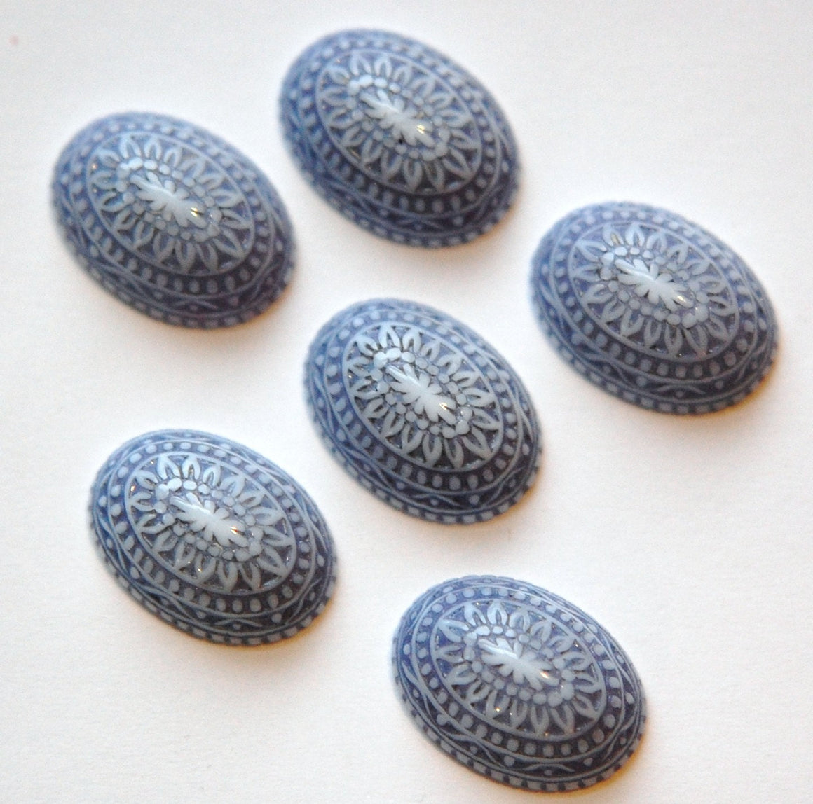 Vintage Etched Mosaic Light Blue and White Cabochons 18x13mm (6) cab714C