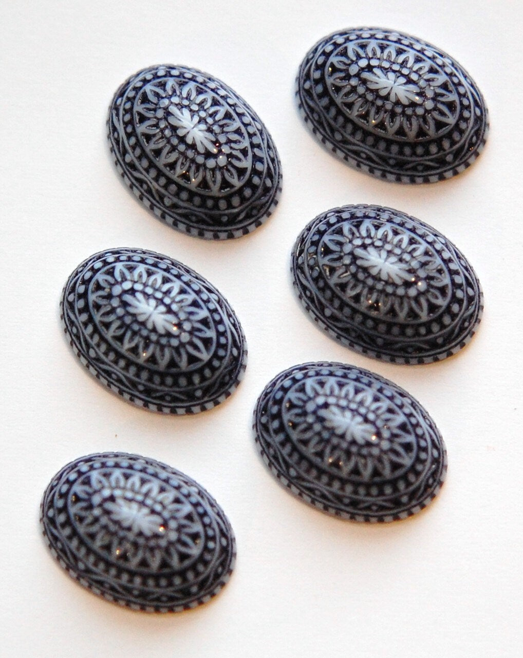 Vintage Etched Mosaic Navy Blue and White Cabochons 18x13mm (6) cab714D