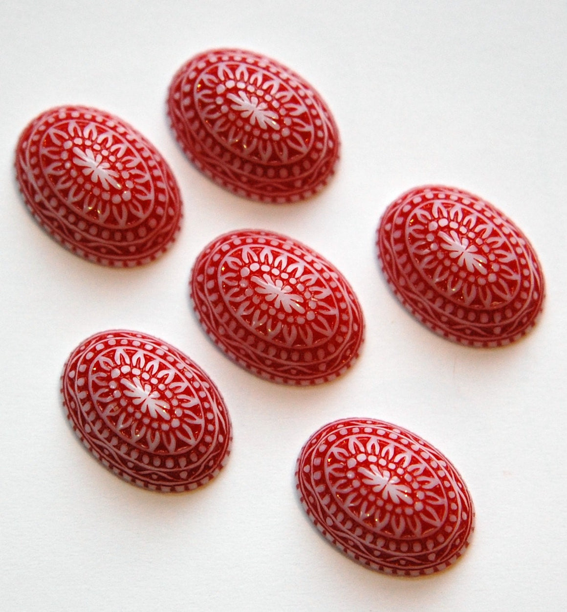 Vintage Etched Mosaic Red and White Cabochons 18x13mm (6) cab714