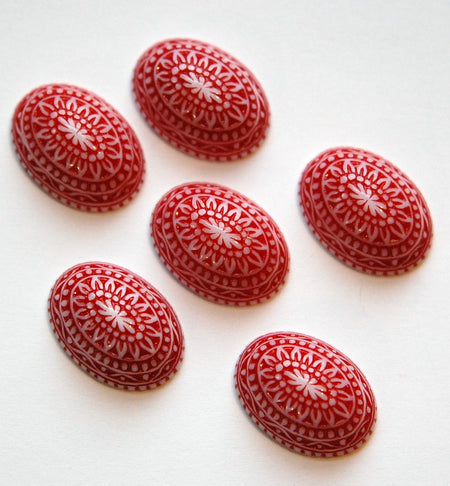 Vintage Etched Mosaic Red and White Cabochons 18x13mm (6) cab714