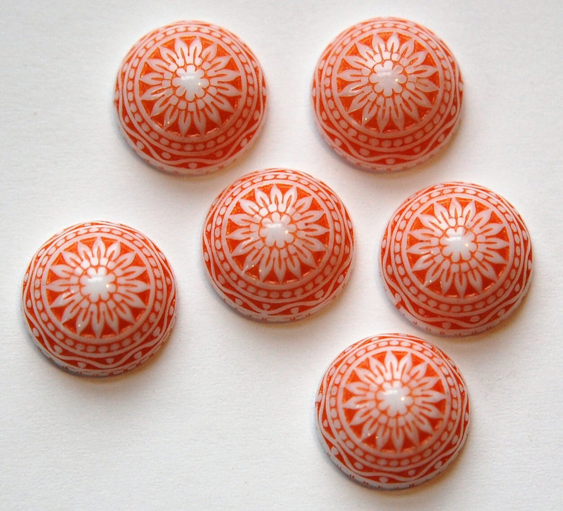 Vintage Etched Mosaic Orange and White Cabochons 14mm cab713B