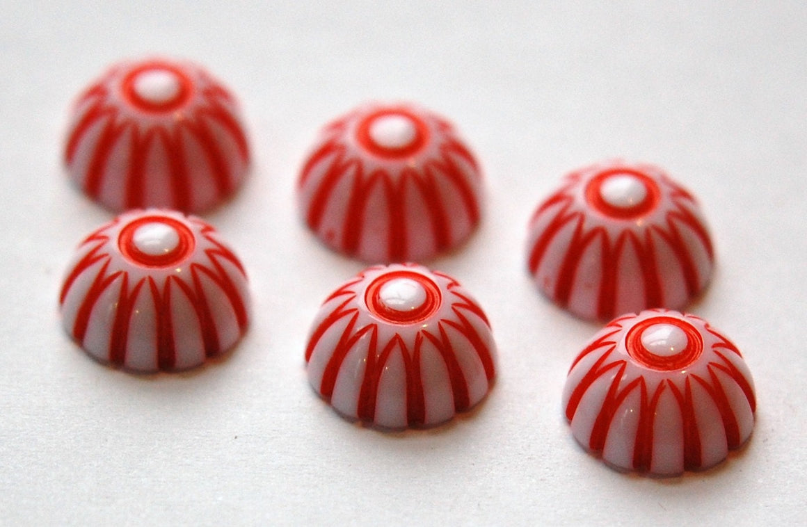 Vintage Red and White Domed Cabochons 12mm (6) cab408A