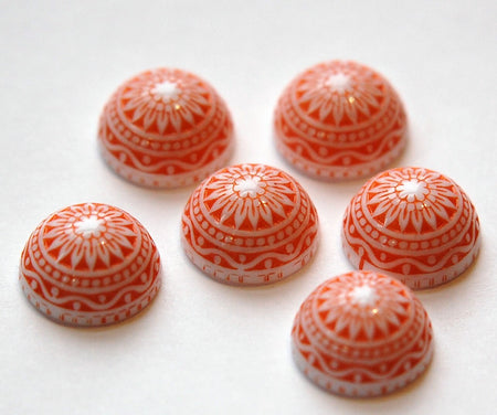 Vintage Etched Mosaic Orange and White Cabochons 14mm cab713B
