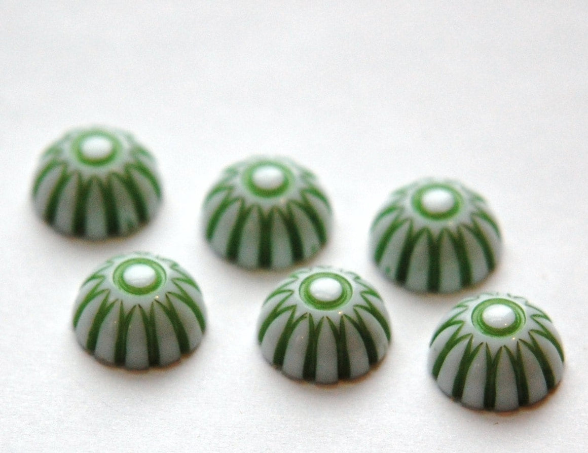 Vintage Green and White Domed Cabochons 12mm (6) cab408B
