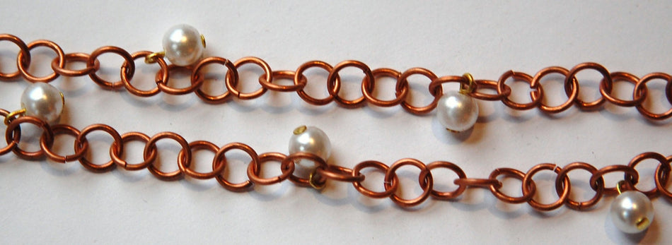 Vintage Copper Colored Ring Link with Pearls Beaded Chain chn055