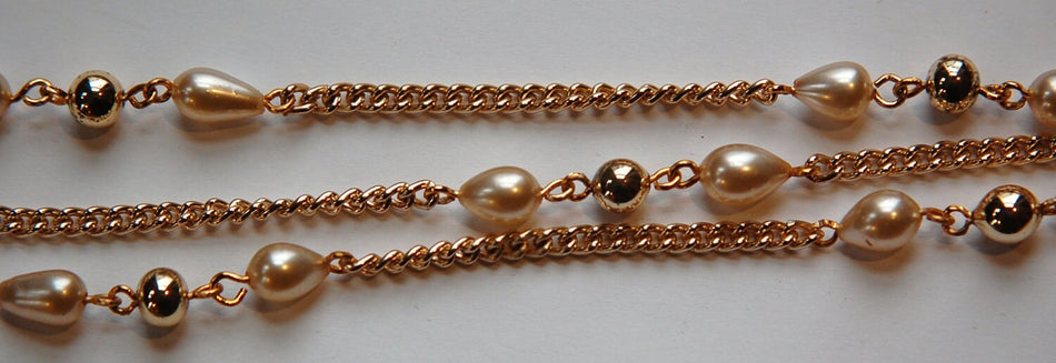 Vintage Gold Plated Beads and Glass Teardrop Pearl Beaded Chain chn057