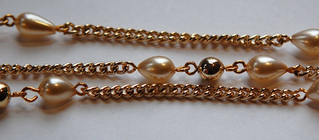 Vintage Gold Plated Beads and Glass Teardrop Pearl Beaded Chain chn057