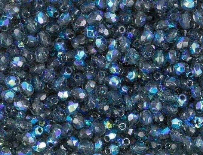 3mm Montana Blue AB Czech Firepolish Faceted Glass Beads (50)