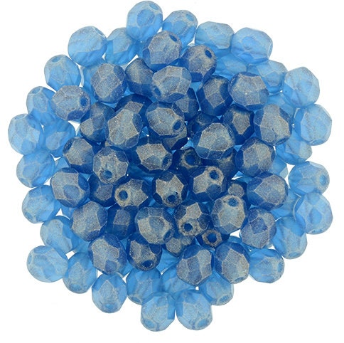 4mm Sueded Gold Capri Blue Czech Faceted Firepolish Glass Beads (50)